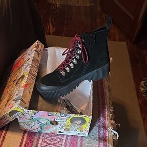Jeffrey Campbell Black Suede Combat Boots with Burgundy Laces